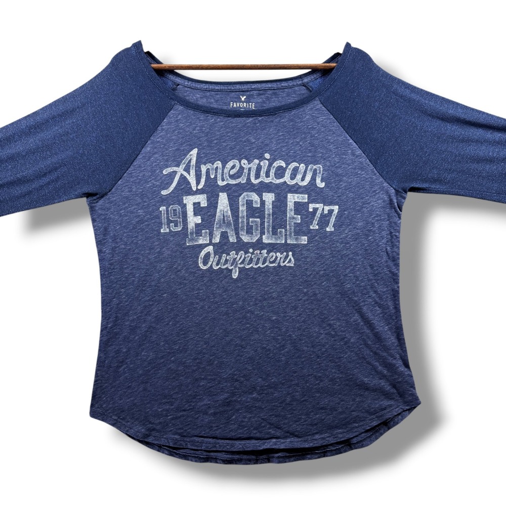 American Eagle Outfitters Favorite T Navy Blue Raglan Graphic Top XL